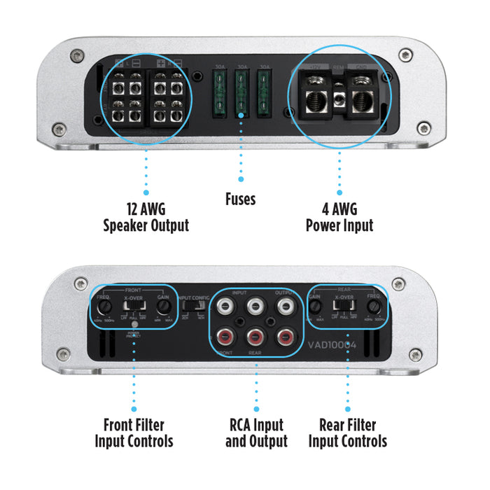 VAD10004 1000W RMS V-Series Full-Range Class-D 4-Channel Amplifier (Marine Certified)