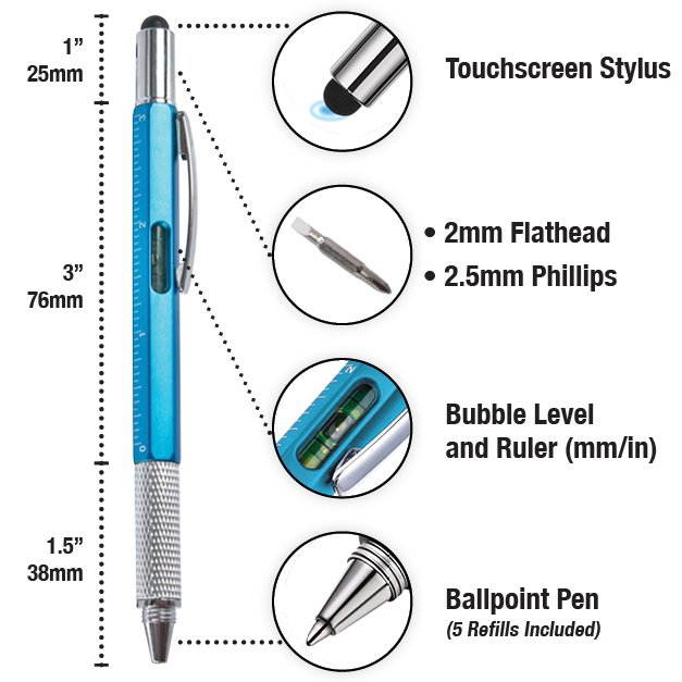 6 in 1 Multifunction Tool Pen with 5 Refills - 3 Pack Black | Blue | Silver (NAPEN3PK)